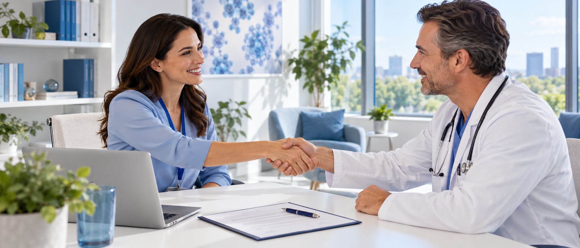 Une coordonnatrice de recherche accueille un médecin client